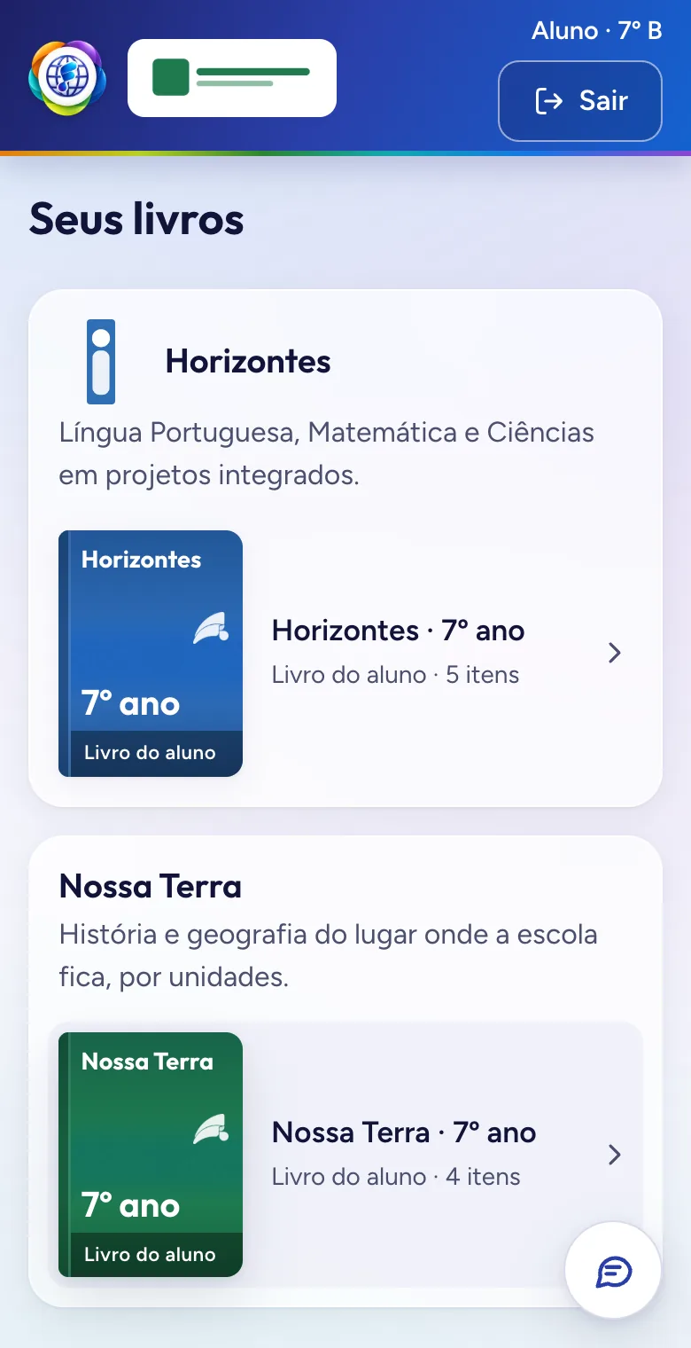 Início do aluno, com os livros da série dele (dados de exemplo)