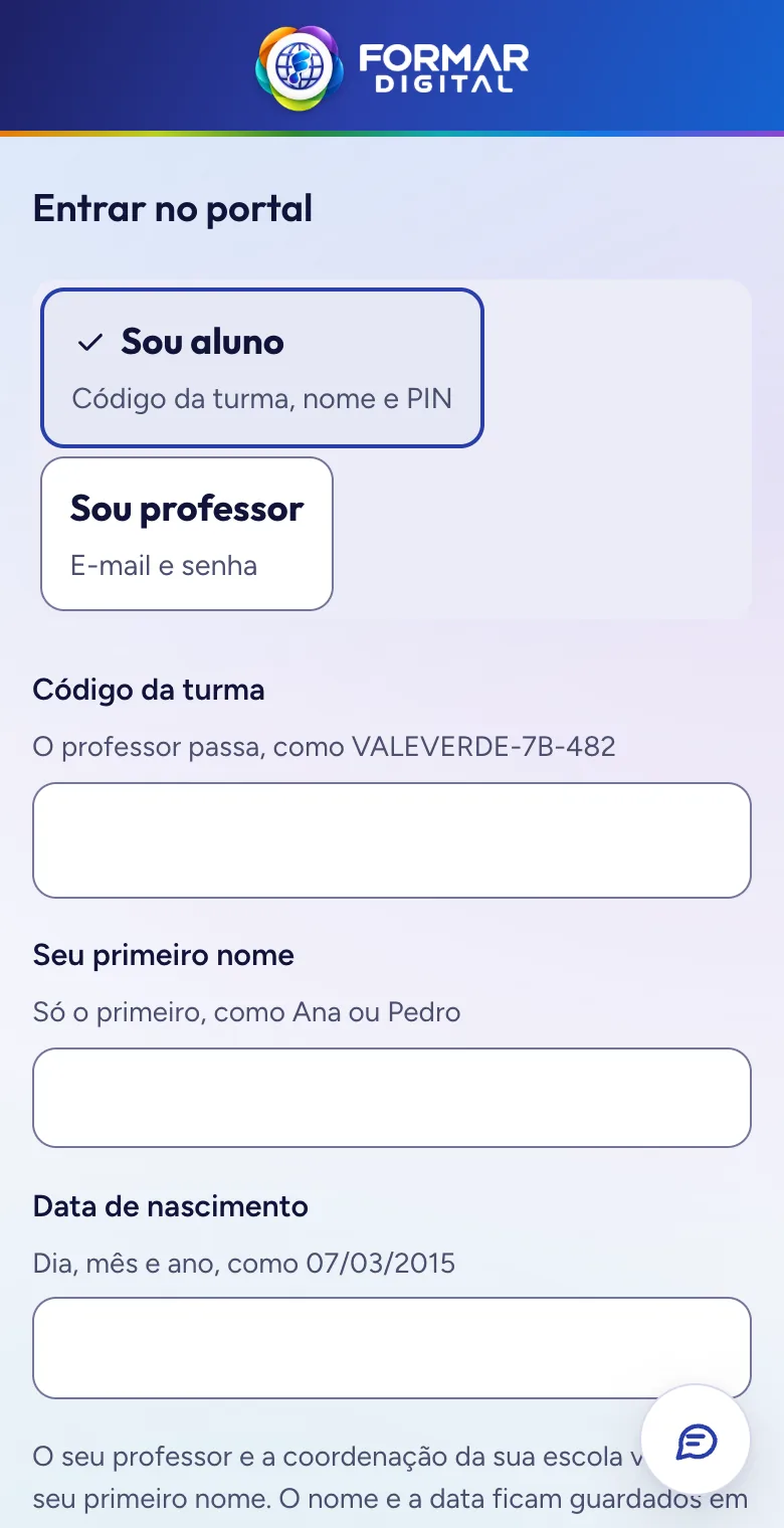Tela de entrada, com Sou aluno e Sou professor (dados de exemplo)