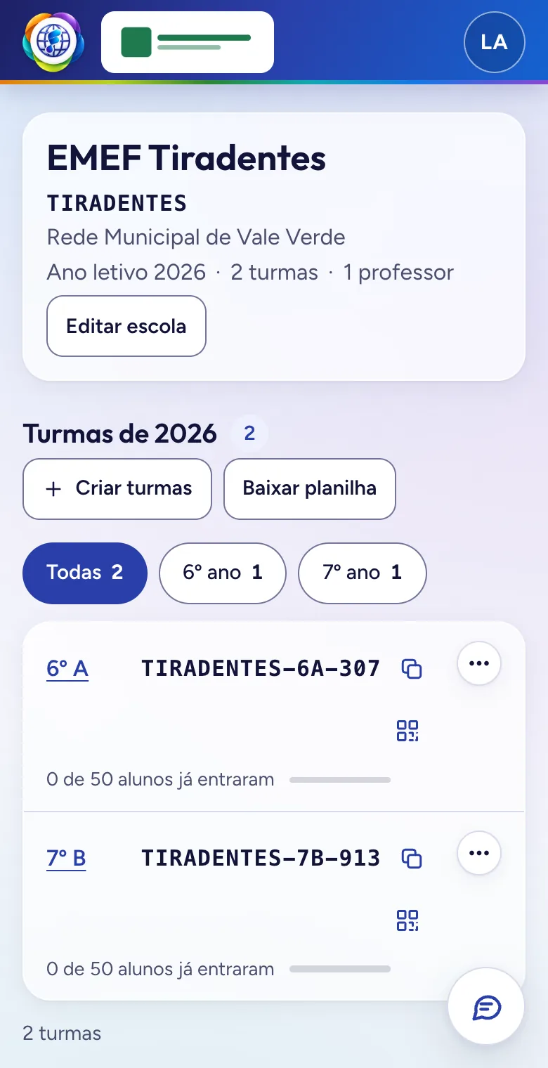 A escola, com as turmas do ano e o código de cada uma (dados de exemplo)